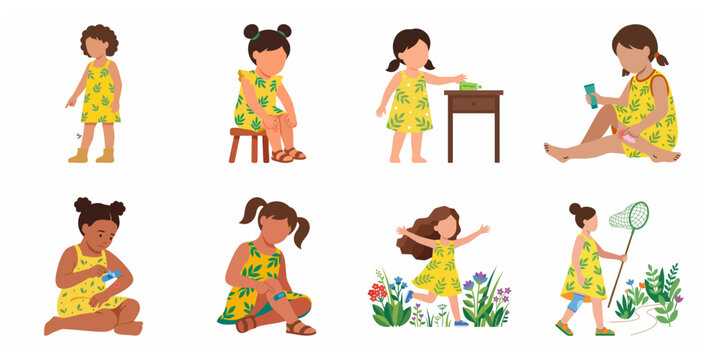 Little girls applying treatment for insect bites and mosquito stings vector illustration set. Childhood first aid, skin care, and outdoor protection concept.