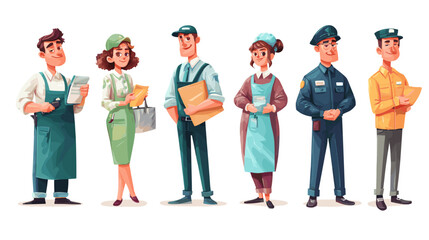 Obraz premium Diverse Pixel Art Characters Representing Different Professions Standing Together On White