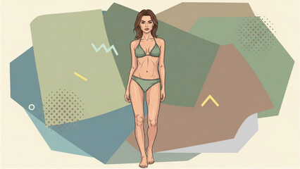 A woman in a green bikini stands in front of geometric shapes. © Stock Image Paradise