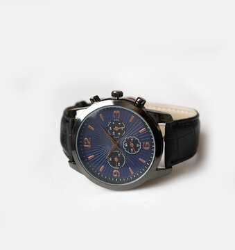 Elegant Black Leather Strap Chronograph Watch with Navy Blue Dial on White Background