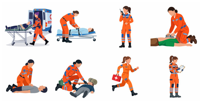 Paramedic and Emergency Medical Services Set with Female First Responders Providing First Aid and Lifesaving Care