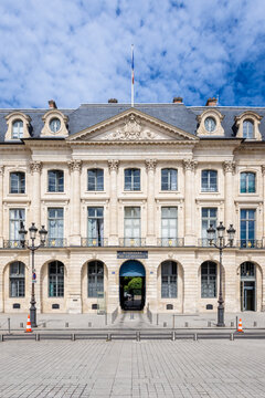 Paris, France - June 17, 2026: Facade of the Ministry of Justice, aka the Chancellery, housed at 13 Vend&ocirc;me square in the H&ocirc;tel de Bourvallais built by french architect Robert de Cotte in 1704.