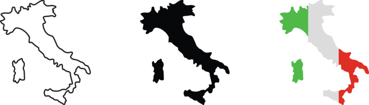 Three variations of the italy country map shape including a black outline, a solid black silhouette, and a version filled with the green, white, and red italian national flag colors