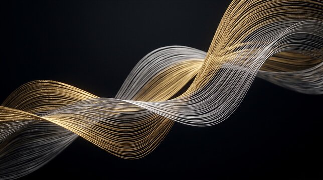 Elegant flowing gold and silver metallic strands create a dynamic abstract wave against dark black backgrounds