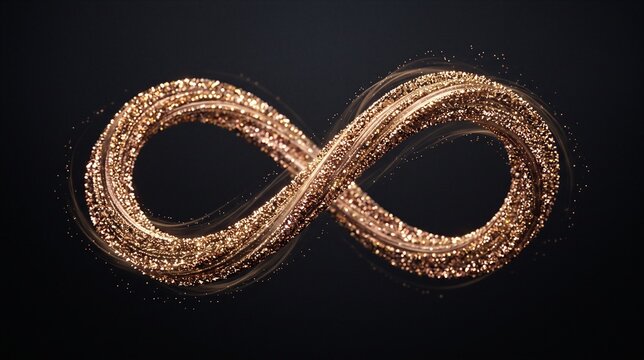 Glowing golden infinity symbol rendered with sparkling particles and soft light waves on dark background