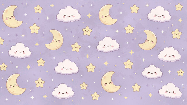 Cute moon star cloud seamless lavender repeating pattern background