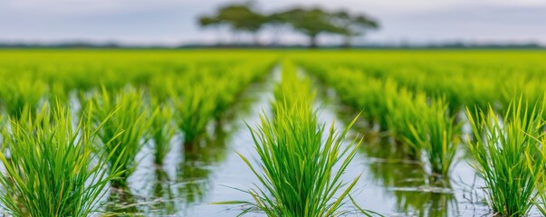 Obraz premium Rows of vibrant green rice seedlings growing in flooded paddy field under cloudy sky