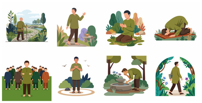 Set of flat illustrations depicting a Muslim man's spiritual journey, including prayer, ablution, and community worship in a nature setting