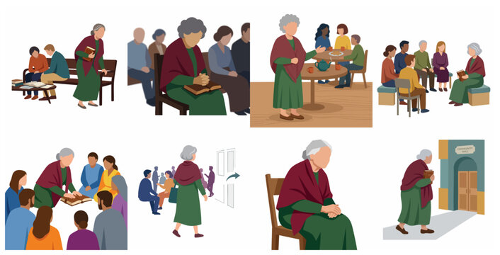 Vector illustration set of community center activities and senior social gatherings featuring an elderly woman leading group discussions, church fellowship, and supportive counseling sessions.