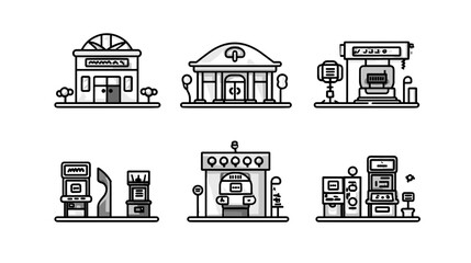 Fototapeta premium Set Of Six Business Buildings And Stores Facades With Arcade Game Machines And Vending Machines
