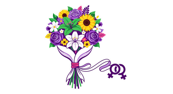 Colorful bouquet with purple ribbon symbol.