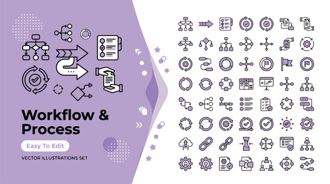 Workflow and process line icon set, business management vector illustrations, professional project development and strategy planning symbols