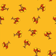 Naklejka premium seamless pattern Stylized cartoonish tree with glowing orange and yellow foliage, isolated on a white background, useful for game environments, storybook illustrations, or digital graphic assets