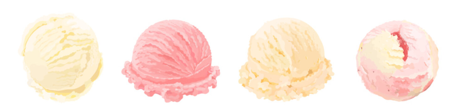 Set of cartoon vanilla and strawberry ice cream scoop. Tasty summer dessert illustration isolated on white background. Perfect for menu, packaging and dessert design.