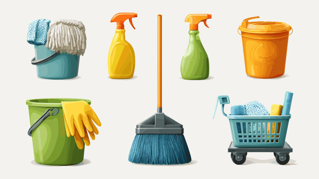 Various Cleaning Supplies Including Buckets Spray Bottles Mop And Cart On White Background
