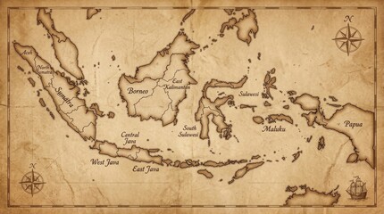 Naklejka premium Vintage Treasure Map of Southeast Asia with Compass Rose