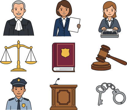 Law and justice vector icon set featuring judge lawyer court stenographer scales code book gavel police officer podium and handcuffs isolated on white background.