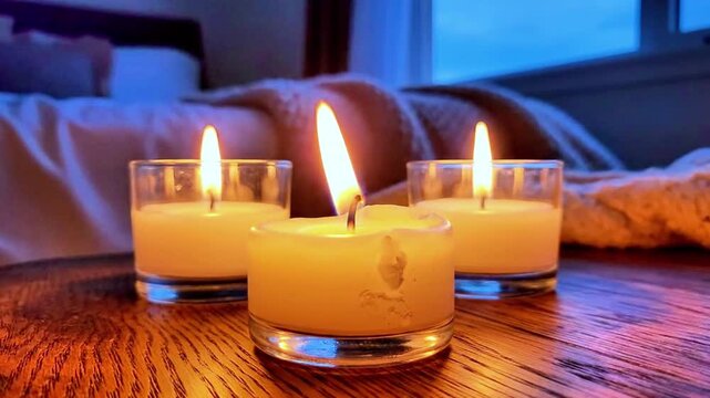A serene setting with three lit candles on a wooden table indoors