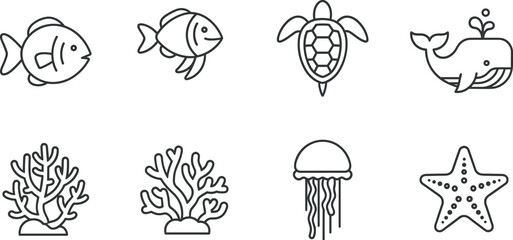 Marine life ocean animals line icons set featuring tropical fish sea turtle whale jellyfish coral reef and starfish elements © SALMA