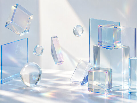 Abstract Geometry in Light: Crystalline geometric shapes including cubes, spheres, and rectangular prisms, refract light and cast ethereal shadows, creating a visually stunning composition.
