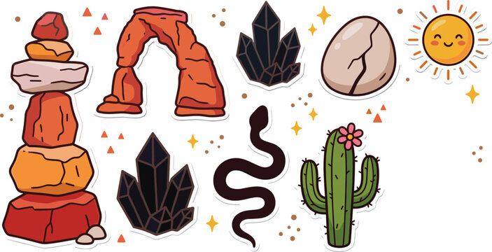 Cute cartoon desert sticker vector set featuring stacked rocks natural arch black crystal cluster silhouette snake egg smiling sun and blooming cactus.