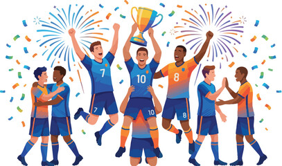 Obraz premium Football players celebrating with trophy and fireworks in stadium