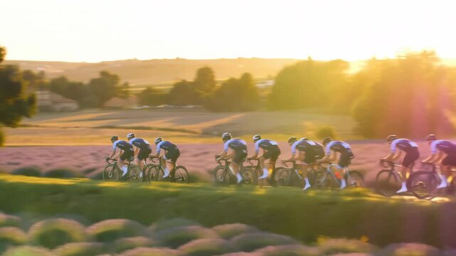 cyclists riding in a peloton through serene lavender fields in the countryside with dynamic side views following the group on a road surface with cycling gear and green and purple hues.