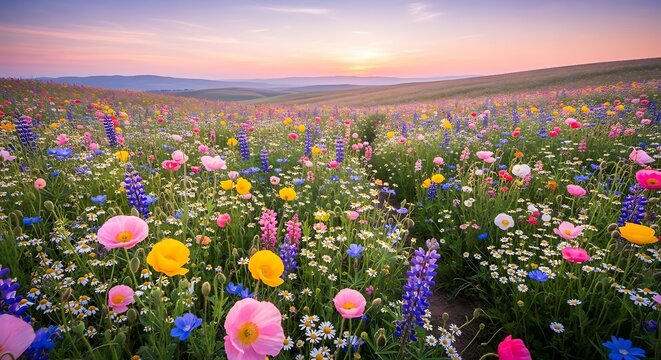Beautiful colorful wildflowers in a field at sunrise or sunset  serene landscape