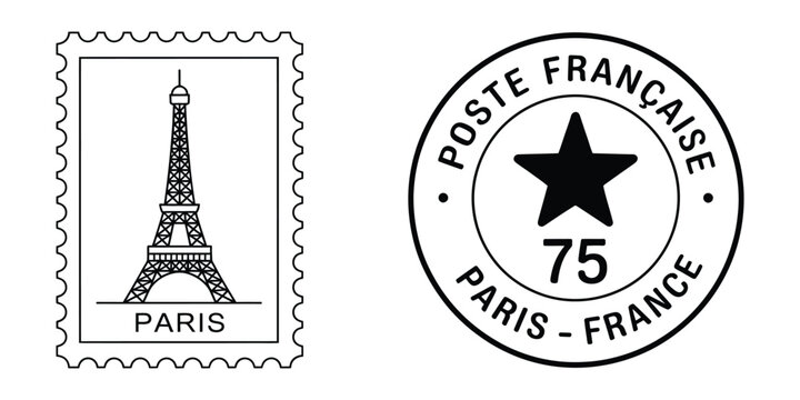 Paris France Postage Stamp Featuring Eiffel Tower Illustration, Circular Postal Postmark, and Star Icon for Philately and Travel Themes