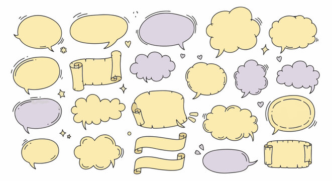 Collection of hand-drawn pastel yellow and purple speech bubbles, cloud boxes, and vintage scrolls. Whimsical doodle set for comic dialogue and graphic design.