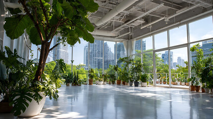 Fototapeta premium spacious plant filled atrium with tropical foliage and skylight representing sustainable architecture design suitable for real estate marketing and green building