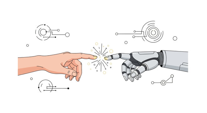 Human and robot hands touching fingertips for partnership