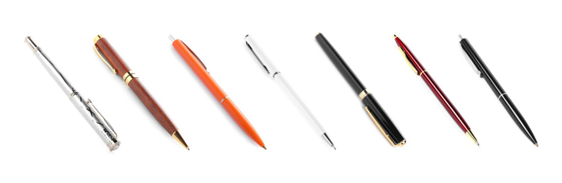 Different pens isolated on white, set. Stationery