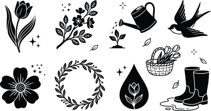 Spring garden floral silhouette icon set with tulip flower sprout watering can bird basket wreath boots vector clipart