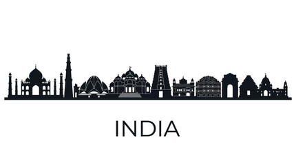 Obraz premium India City Skyline Silhouette - Famous Landmarks in Black and White