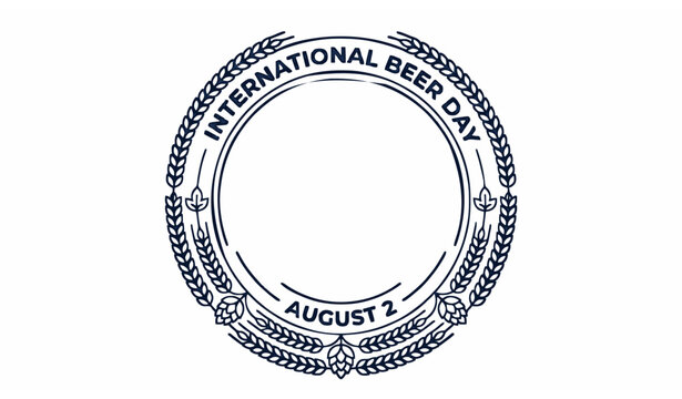 Minimal International Beer Day vector seal illustration with wheat and hop leaves decorative circular frame on white background