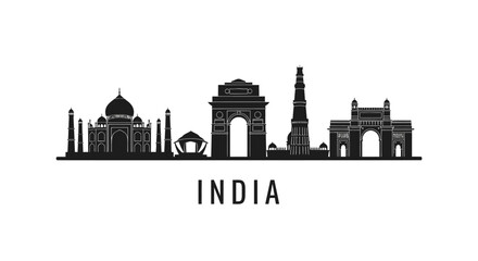 Obraz premium India Skyline Silhouette - Famous Landmarks: Taj Mahal, India Gate, Qutub Minar