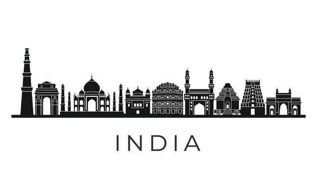 India Skyline Silhouette - Famous Landmarks Vector Art