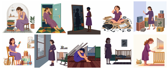 Illustrations of women experiencing postpartum depression, maternal anxiety, and motherhood burnout.
