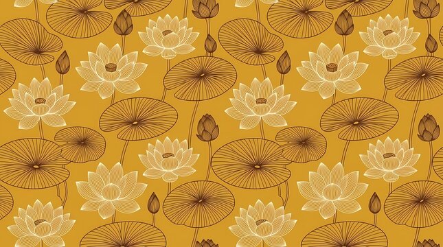 Seamless yellow background pattern featuring hand drawn lotus flowers lily pads and blooming buds for wallpaper