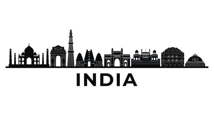 Fototapeta premium India Skyline Silhouette Black and White Iconic Landmarks Travel