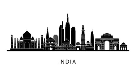 Fototapeta premium Indian Landmarks Silhouette, Taj Mahal, India Gate, Cityscape