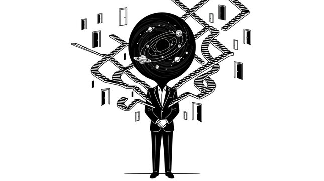Man with galaxy head and open doors, surreal concept art, black and white vector