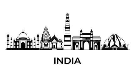 Obraz premium India Skyline Silhouette: Iconic Landmarks on White Background, Travel Graphic