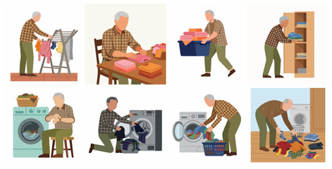 Fototapeta premium Elderly Man Doing Laundry Housework Vector Illustration Set