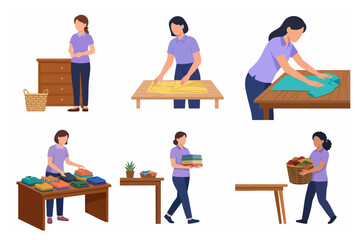 Fototapeta premium Set of female characters performing various laundry tasks, folding clothes, carrying baskets, and organizing garments for housework or professional laundry service.