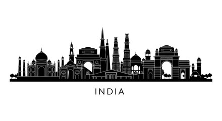 Naklejka premium India Skyline Silhouette: Iconic Landmarks, Travel, Tourism, Delhi Architecture