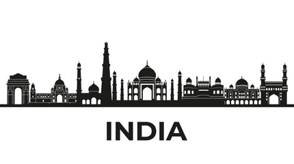 Obraz premium India Skyline Silhouette: Taj Mahal, India Gate, Landmarks Collection on White