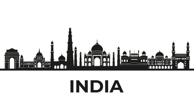 India Skyline Silhouette: Taj Mahal, India Gate, Landmarks Collection on White