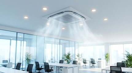 Fototapeta premium Modern office ceiling cassette air conditioner distributing cool fresh air evenly throughout workspace modern interior design with contemporary furniture and natural light from large windows.